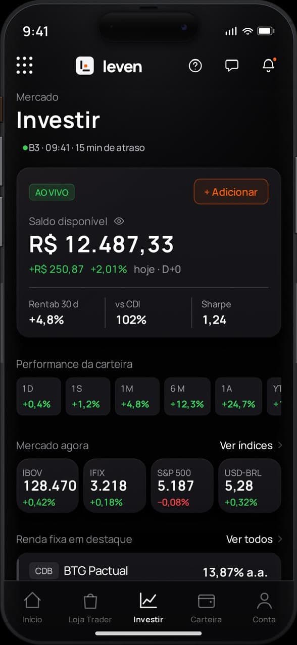 Tela de investimentos de um app financeiro feito pela Leven